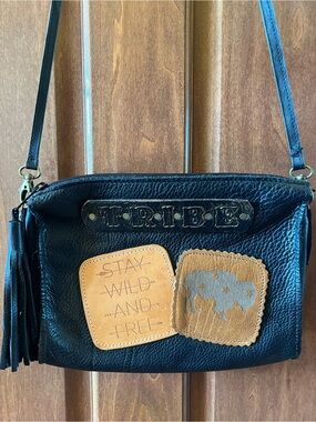 McFadin Bag Shoulder Crossbody with Tassel and Patch Accents Cowhide Leathe